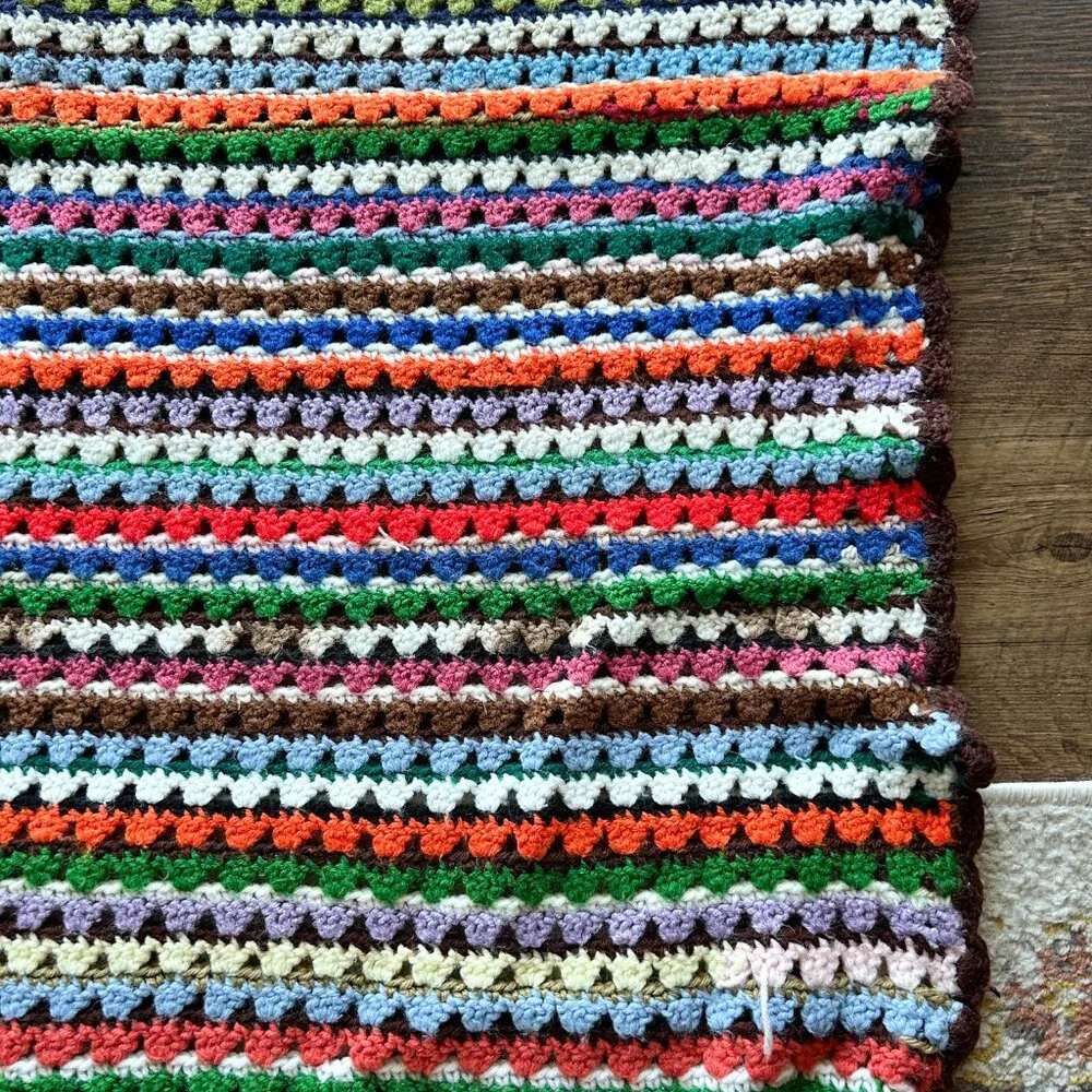 Vintage Knitted Blanket, 1970s Style, Funky Blanket, Handmade Hand Knit Blanket